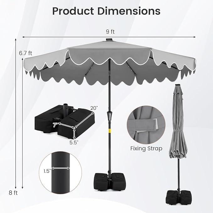 Tangkula 9 FT Solar Patio Umbrella with Base Included, 2-Tiers Outdoor Scalloped Table Umbrella with 32 LED Lights, 2 Sandbags, Tilt Adjustment, Crank, 8 Ribs for Market Backyard Pool Deck Beach Lawn