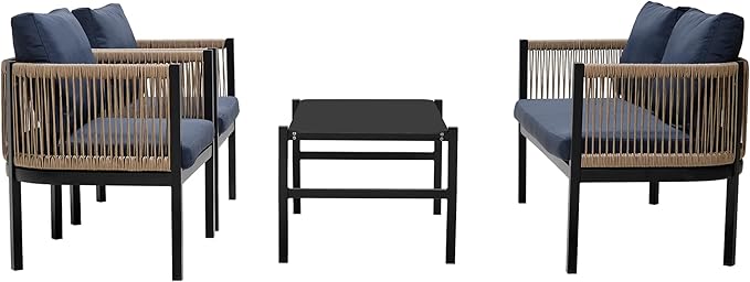4 Piece Patio Conversation Set, Multi-Person Outdoor Sofa Combination with A Tempered Glass Table, Suitable for Garden, Backyard and Balconies (Dark Blue/064)