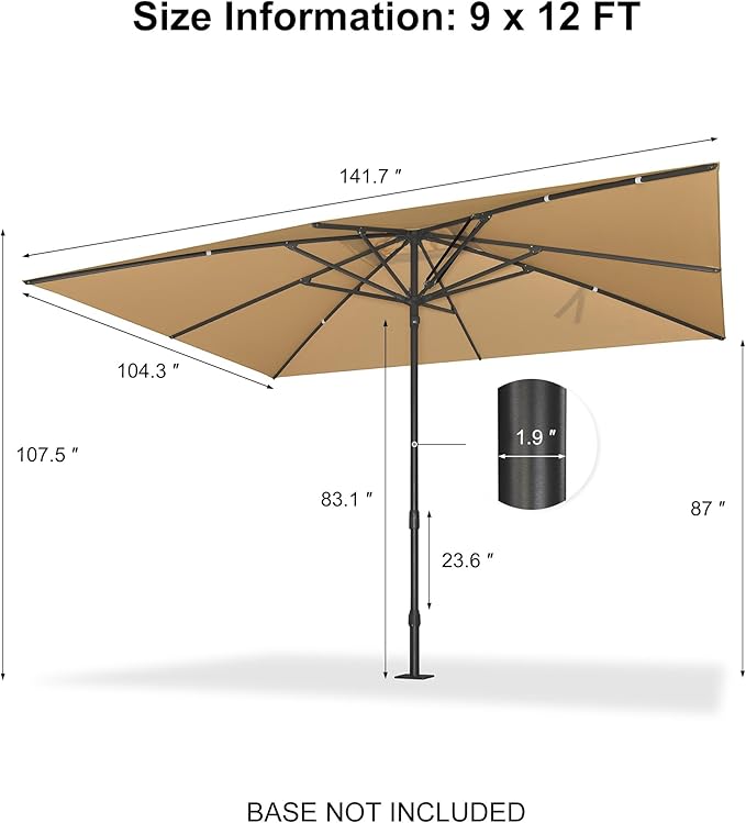 PURPLE LEAF 12' x 9' Rectangular Semi-Auto Outdoor Patio Umbrella Aluminium Market Umbrella Table Sun Umbrella with 1.89" Rod and 8 Sturdy Ribs for Deck Lawn Pool Garden, Beige