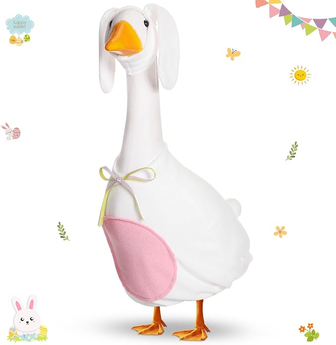 FuWeave Easter Bunny Goose Outfit for 23" Goose Costume for Cement Plastic Porch Geese Statue Spring Outdoor Garden Yard Patio Decoration, White