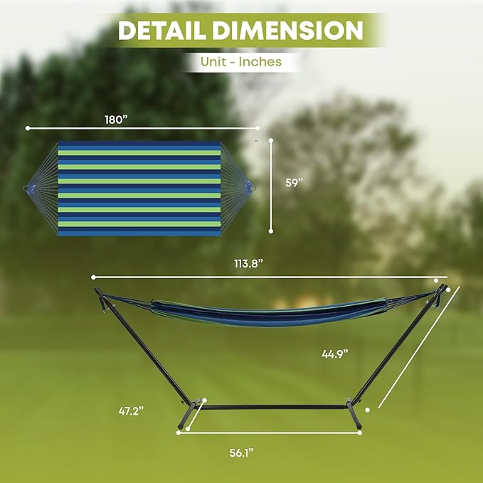 Double Hammock with Space Saving Steel Stand,(450 lb Capacity - Premium Carry Bag Included),Portable Hammock with Heavy Duty Steel Stand for Backyard,Camping or Garden,Blue