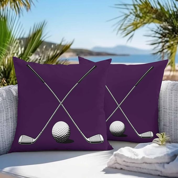 Vandarllin Outdoor Throw Pillows Covers 16x16 inch Set of 2 Waterproof Golf Ball Club Decorative Zippered Cushion Covers for Patio Furniture, Game Sports Purple Lumbar Pillowcases