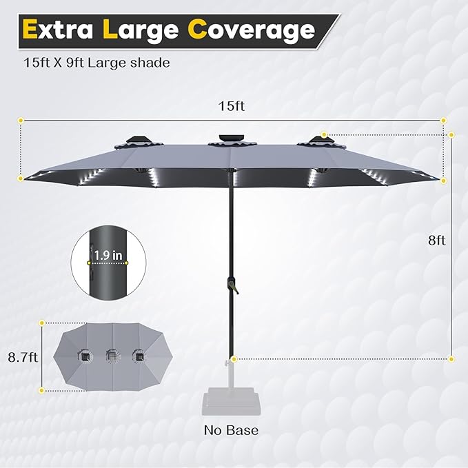 AECOJOY 15ft Patio Umbrella with Solar Lights, Outdoor Large Patio Umbrella with Crank Handle and 156 PCS LED Lights, Rectangular Market Umbrella for Backyard Deck Pool in Grey(1.9" Pole)