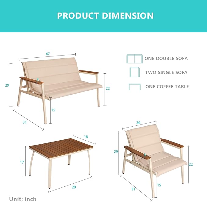 Suntone 4 Pieces Outdoor Patio Furniture Set, Garden Patio Conversation Sets with Padded Suspended Cushion, Outdoor Furniture Set for Lawn Backyard Balcony, Beige