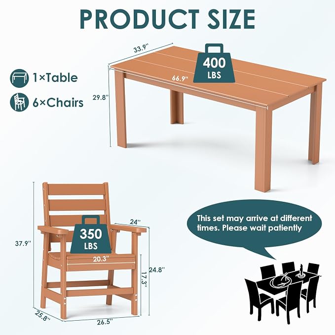 IVY&LANE Outdoor 7-Piece Dining Set for 6 | HDPE | 67’’ Rectangle Table and Chairs | Patio Furniture Sets | All Weather | Umbrella Hole | Teak | for Poolside Lawn Garden Backyard