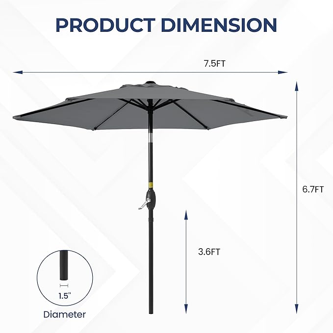 SUNVIVI OUTDOOR 7.5' Outdoor Patio Umbrella, Patio Umbrella, Market Umbrella, Aluminum Pole Umbrella with Push Button Tilt and Crank, 6 Ribs, Polyester Canopy, Grey