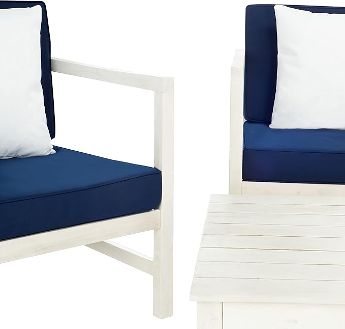 SAFAVIEH Outdoor Collection Montez White/ Navy Cushions/ White Pillows 4-Piece Conversation Patio Set