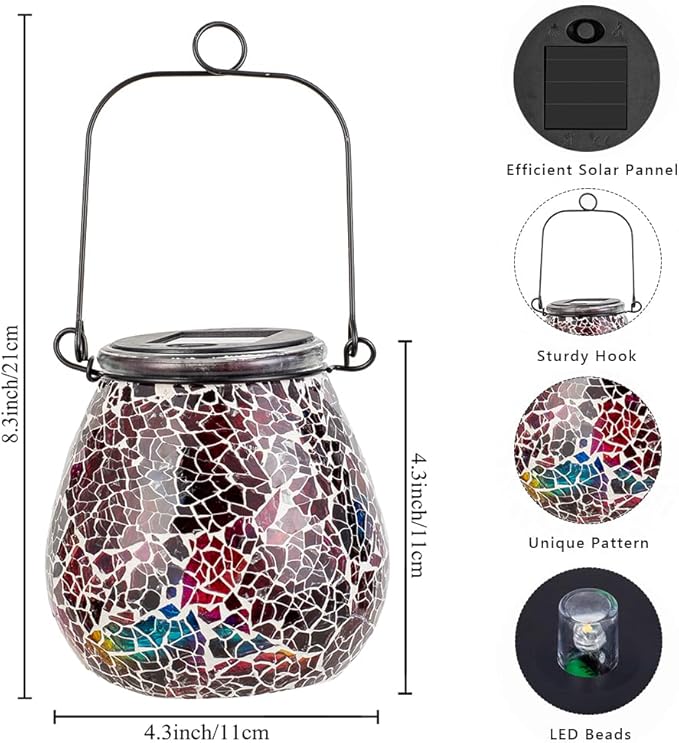 Stargarden 4 Pack Mosaic Solar Lantern ,Outdoor Hanging Waterproof Mosaic Light Solar Table Lamp for Garden ,Patio,Yard Decor (Red)