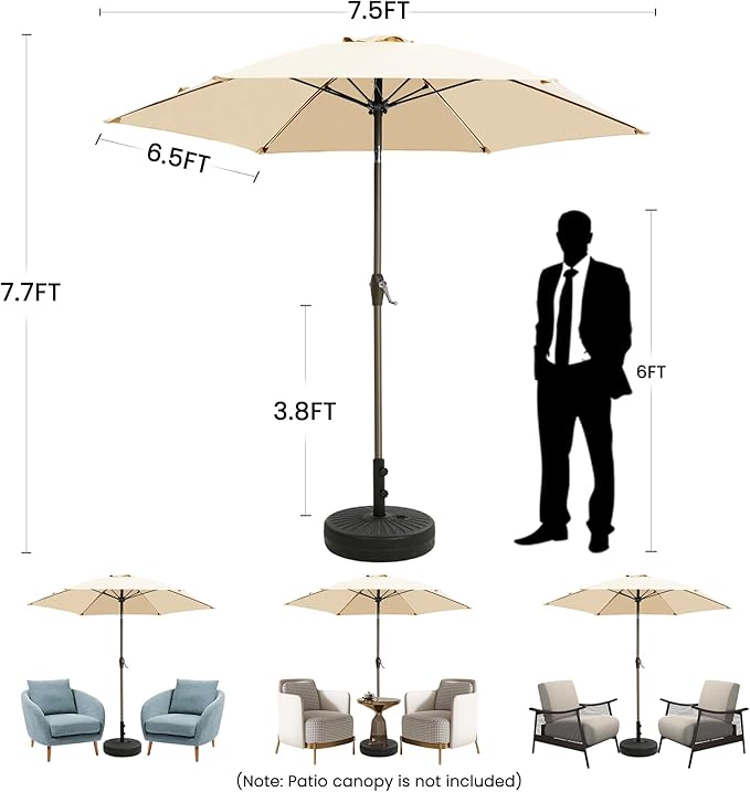 Ayge 7.5FT Large Outdoor Patio Umbrella Market Table Umbrella-UV Resistant, Easy Push Button Tilt and Crank, 6 Sturdy Fiberglass Ribs Heavy-Duty Pool Umbrella for Deck, Backyard,Garden, Yard,Brown