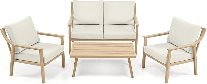 HAPPATIO 4-Piece Patio Furniture Set - Outdoor Aluminum Patio Conversation Set Includes 1 Loveseat, 2 Armchairs, and 1 Coffee Table, Perfect for Porch, Deck, Garden, (Beige)