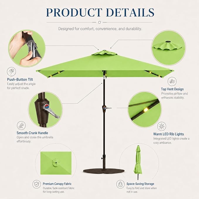 6.5 x 10ft Rectangular Patio Umbrella with Solar Lights, 16 LED Lighted Market Umbrella with Push-Button Tilt and Crank, 6 Sturdy Iron Ribs for Garden, Deck, Pool, Apple Green