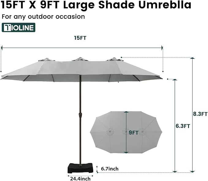 15FT Large Patio Umbrellas with Base Included, Outdoor Double-Sided Rectangle Big Market Umbrella with Stand, Outside Umbrellas for Poolside Lawn Backyard,Light Gray