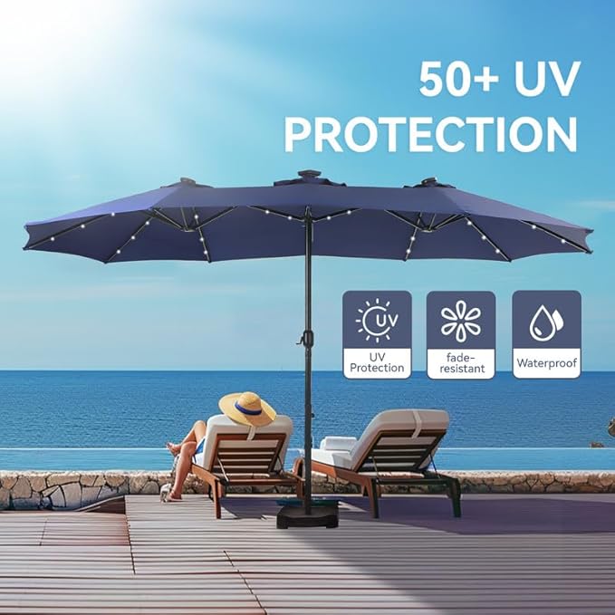 GREEN PARTY 15 ft Large Outdoor Patio Umbrella with Solar Led Lights & Base Included, Double-Sided Rectangular Table Umbrella with Stand, Market Umbrellas for Deck Poolside Garden Backyard, Navy Blue
