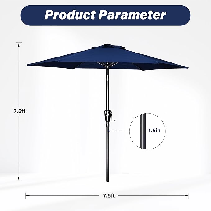 HealSmart 7.5ft Patio Umbrella with Push Button Tilt/Crank, Outdoor Table Market Yard Umbrella, 6 Sturdy Ribs for Garden, Deck, Backyard, Pool