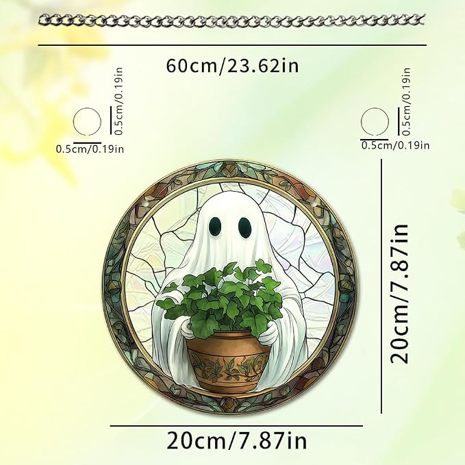 Acrylic Halloween Sun Catcher - 7.87 Inch Round Suncatcher for Window Hanging Decoration - Creates Indoor Rainbows Light Refraction - Spooky Ghost, Witch, Pumpkin Design