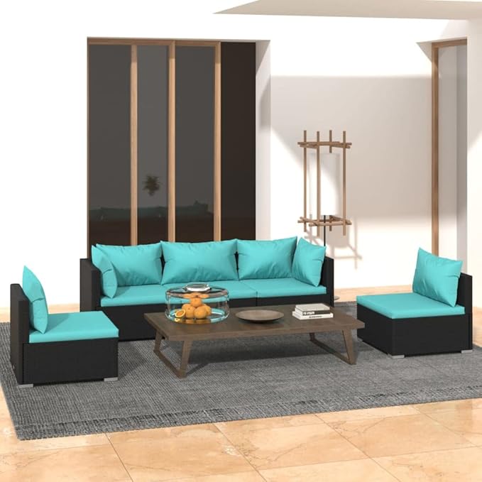 5 Piece Patio Lounge Set with Cushion, Patio Lounge Set Outdoor Patio Sectional Piece Patio Set Furniture Conversation Sets s Poly Rattan Black