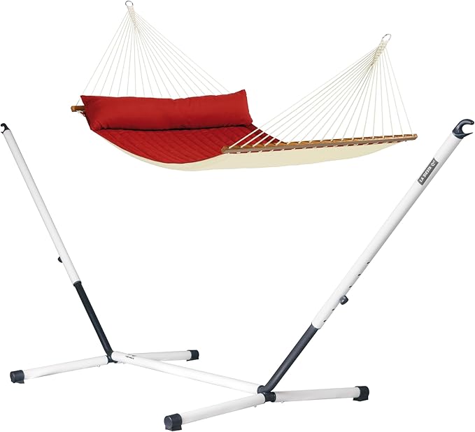 LA SIESTA® Alabama Quilted Hammock with Spreader Bar & Nautico Stand - Portable Weatherproof Large Outdoor Hammock with Stand, 2 Person Hammock with Stand for Outside Patio Porch - XL King, Red Pepper