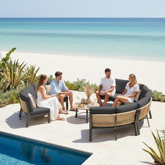 Patio Furniture Set, Aluminum Half-Moon Patio Conversation Sets, Luxury Outdoor Sectional Sofa with PE Rope, All-Weather 7 Piece Outdoor Couch with Modular Coffee Table & Cushions, Graphite