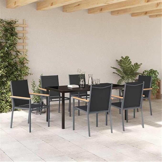 Afuera Living 7-Piece Powder-Coated Steel Patio Dining Set, Black Finish, UV-Resistant Textilene Mesh Chairs, Durable Weather-Resistant Outdoor Furniture for Garden, Terrace, or Patio Seating
