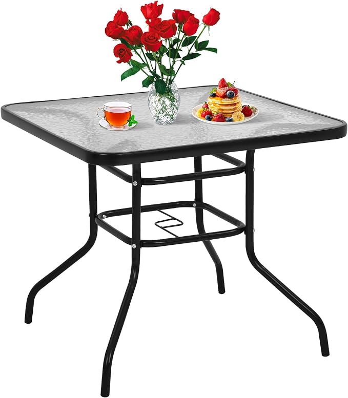 BLKMTY Outdoor Patio Table Bistro Metal Steel Frame Square Table Balcony Conversation Coffee Tables with Umbrella Hole Outside Garden Dining Tables with Tempered Glass Top, Black