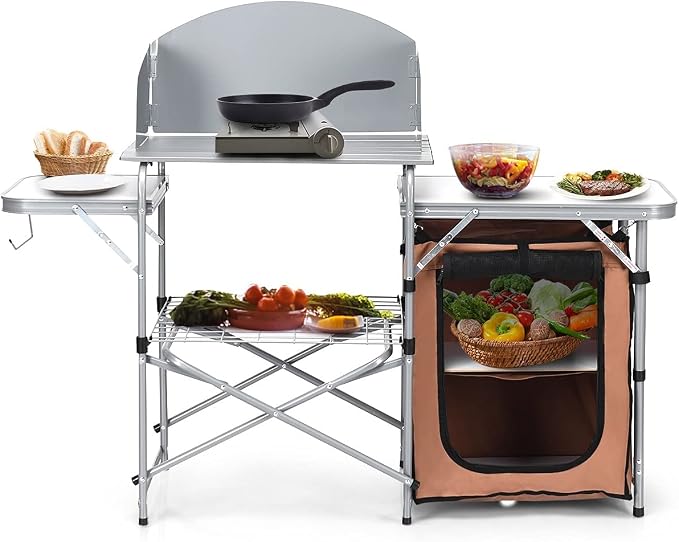 HAPPYGRILL Folding Grill Table Outdoor Camping Kitchen Table with Carry Bag Portable Aluminum Camp Cook Station for BBQ Picnic