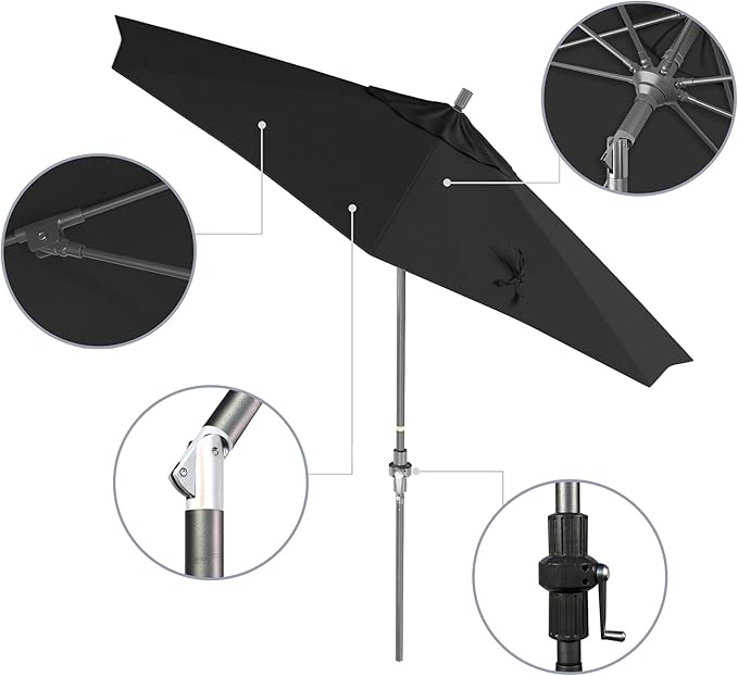 California Umbrella 9' Rd. Crank Lift, Collar Tilt, Aluminum Pole, Fiberglass Rib Patio Umbrella, Hammertone Grey Finish, Sunbrella Black