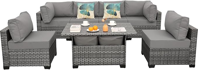 Lviden 7 Pieces Wicker Patio Furniture Set Outdoor Sectional Conversation Sofa Set with Storage Table Non-Slip Cushions and Furniture Cover, Light Grey