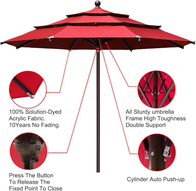 EliteShade USA 10-Year-Non-Fading 11ft 3-Tier Market Patio Umbrella, Commercial Grade Outdoor Table Umbrella with Cylinder Push-Up, Windproof & UPF 50+ UV Protection, Heavy Duty Ventilation for Garden, Deck, Pool, Backyard, Beach & Bistro, Logo Red