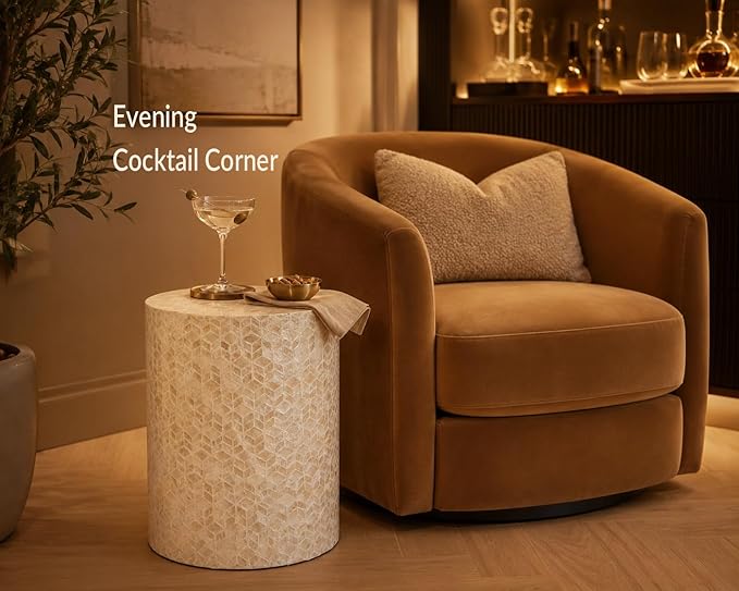 PEMAR Capiz Shell Cylinder Drum End Table Nacre Side Table Stool Round Drum Accent Coffee Bedside Nightstand and Vanity Stool, 13" Diameter x 19.3" High, White Cream