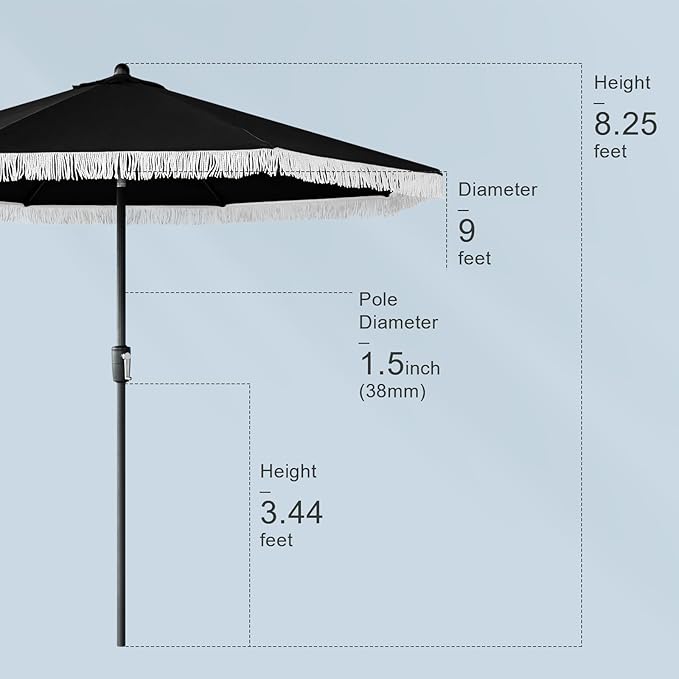 Tempera 9ft Auto Tilt Patio Umbrellas with Fringe, Outdoor Market Umbrellas with Fade Resistant Canopy, 8 Sturdy Rids, Luxurious Vintage Umbrellas for Lawn, Pool, Deck, Balcony