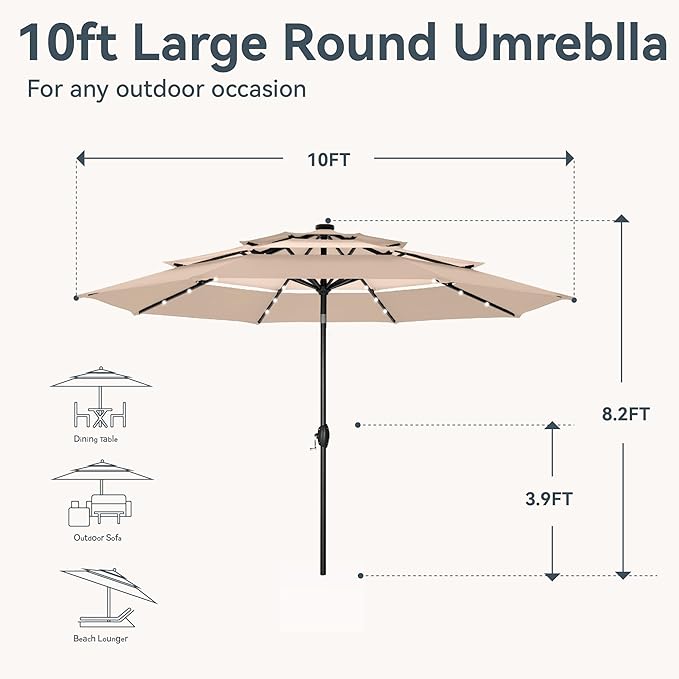 GREEN PARTY 10ft Patio Umbrella with Solar Lights, Auto-Tilt Lighted Market Table Umbrellas with Crank, 8 Sturdy Ribs & 1.5" Pole outdoor umbrellas for Patio Garden Deck Backyard Pool, Beige & Tan