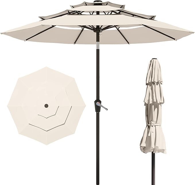 10FT Patio Umbrella 3 Tiers Outdoor Market Umbrella w/Push Button Tilt, Crank, UV and Waterproof Table Umbrella for Garden, Pool, Backyard, Deck, Lawn, Creamy White