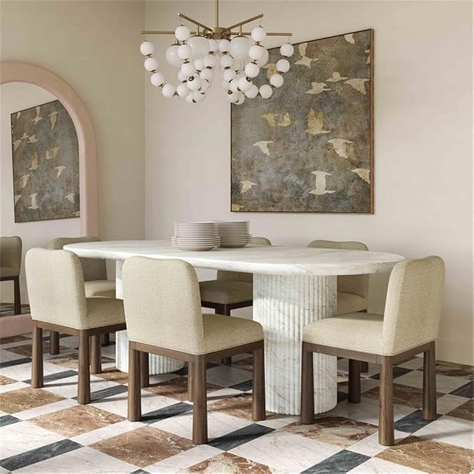 Pemberly Row Indoor/Outdoor Dining Table, 86.3"x39.5"x30.2", Durable Concrete, White Marble Pattern, Seats 6, Handmade, Sleek Tapered Edges, Patio or Dining Room Table