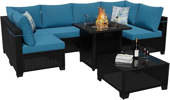 8 Piece Outdoor Patio Conversation Furniture Sets Sectional Wicker Set with 28in Fire Pit Table, 50000 BTU Propane Firepit for Garden Lawn Pool or Backyard, Coffee and Peacock Blue