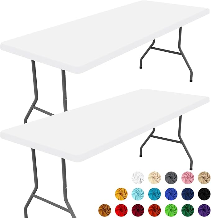 Moosfor Spandex 4 Foot Rectangle Table Cloth 2 Pack, Elastic Fitted Tablecloths for Picnic, Stretch Washable Patio Table Cover for Outdoor, Camping, Banquet and Parties (White, 30"x48")