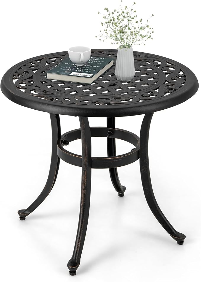HAPPYGRILL Outdoor Aluminum Side Table, Patio Coffee Table with Adjustable Footpads, Heavy-Duty Small End Table, Lightweight Round Patio Table for Backyard, Porch, Poolside