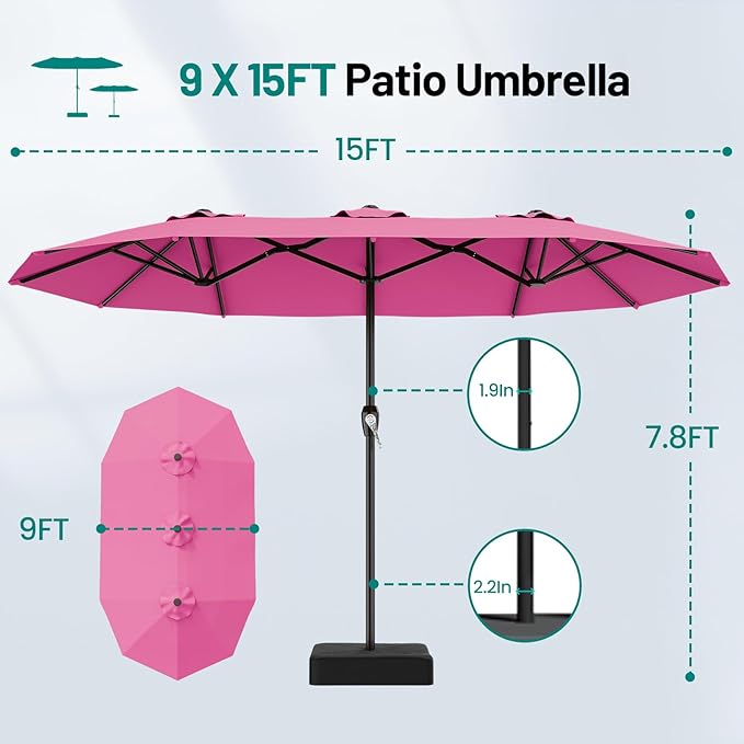 AreShark 15ft Patio Umbrella with Base, Double Sided Outdoor Umbrella with 12 Fiberglass Ribs, Large Outdoor Umbrella for Garden, Pool, Deck, Backyard & Market, Rose Pink