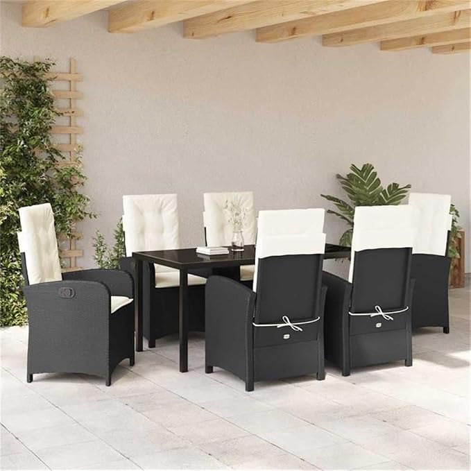 Afuera Living 7-Piece Poly Rattan Patio Dining Set with Cushions, Black Finish, Glass Tabletop, Durable Weather-Resistant Build, Adjustable Backrest, Ergonomic Seating for Outdoor Gatherings or