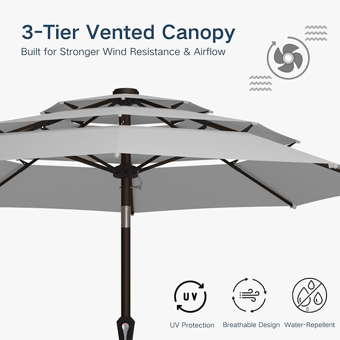 10FT Patio Umbrella 3 Tiers Outdoor Market Umbrella w/Push Button Tilt, Crank, UV and Waterproof Table Umbrella for Garden, Pool, Backyard, Deck, Lawn, Light Gray