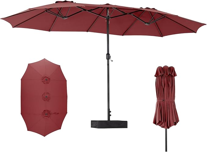 DUMOS 15FT Extra Large Patio Umbrella with Base Included, Rectangle Table Umbrella Outdoor Patio, 12 Sturdy Ribs Triple Head Canopy Outside Umbrellas for Deck, Backyard and Poolside, Wine Red