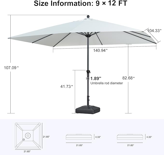 PURPLE LEAF 12' x 9' Rectangle Patio Market Umbrella with Base Outdoor Table Umbrellas Aluminum Frame Sun Shade with 8 Sturdy Ribs for Garden Deck Lawn Pool White