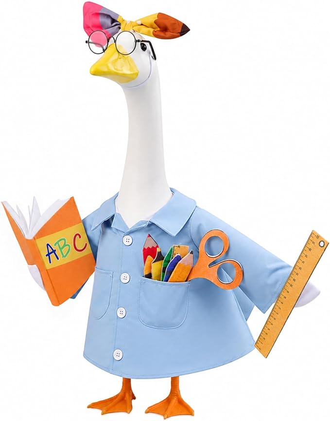 Teacher Porch Goose Outfit for 23 Inch Plastic Cement Goose Statue, Back to School Goose Clothes with Bows Hairband, Glasses & Felt Pencils, Classroom Porch Goose Costume for Yard Patio Lawn Decor