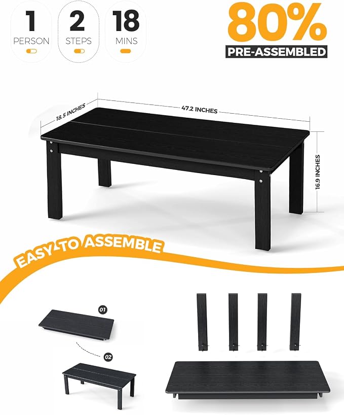 nevilywood Adirondack Coffee Table, HDPE All-Weather Wood Grain, 47.3" x 22.7" x 17", Patio, Garden, Backyard, Black