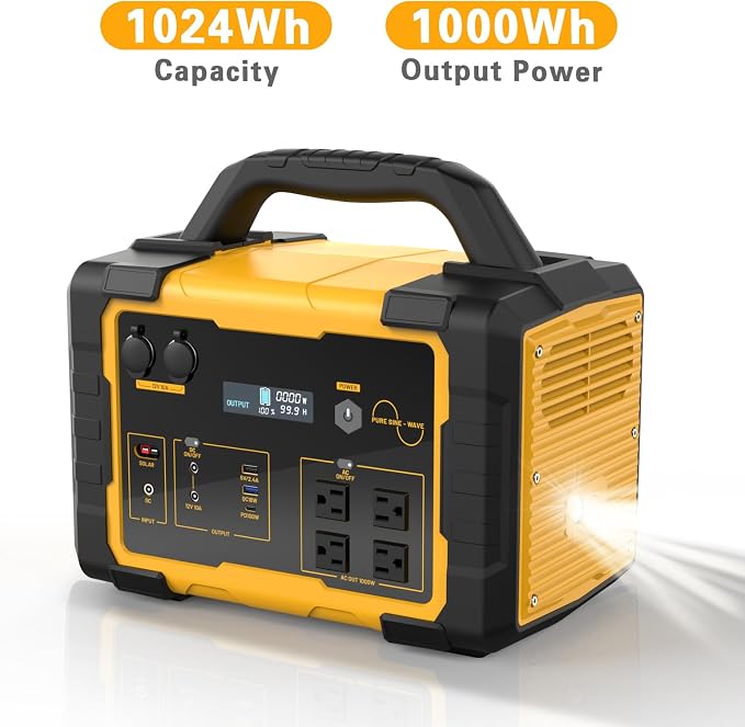 1000W Portable Power Station 1024Wh LiFePO4, (20000W Peak) Backup Battery, Solar Generator for Home Emergency Camping