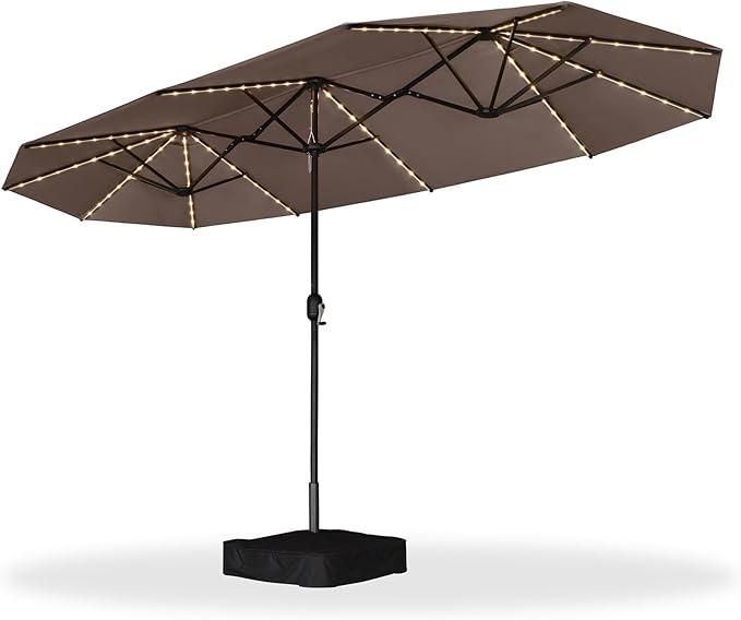 PURPLE LEAF 13ft Patio Market Umbrella with Solar LED and Base Double-Sided Rectangle Outdoor Table Sun Umbrellas with Crank for Pool Beach Deck Backyard Taupe