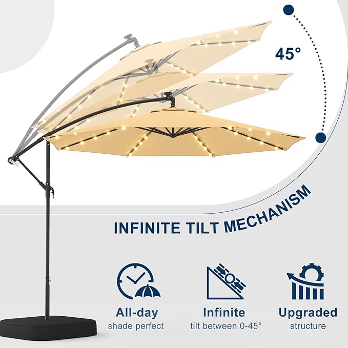 10FT 40-LED Solar Lighted Patio Umbrella with Base Included, Outdoor Offset Cantilever Umbrella, Infinite Tilt, UV Protection for Backyard, Lawn, Garden & Pool