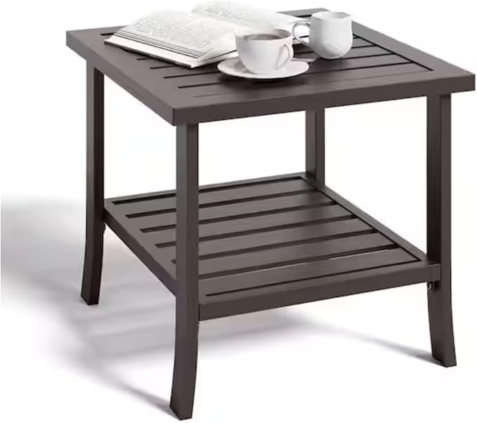 Penau 19 Inchs Square Metal Outdoor Side Table, 2 Tier Powder Coated Steel End Table, Slatted Top for Quick Drainage, Compact Patio Accent Table 19 x 19 x 18 Inchs, Brown