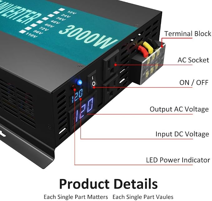 WZRELB 3000W 12V Pure Sine Wave Solar Power Inverter DC AC Converter (RBP300012W)