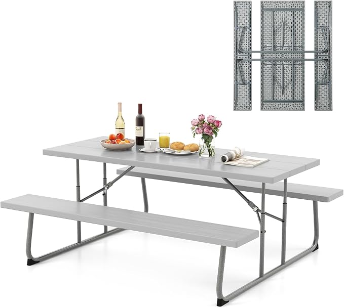 Giantex 6 FT Folding Picnic Table Bench Set- Outdoor Dining Set for 8 Persons w/All-Weather HDPE Tabletop, Metal Leg, Large Outside Dining Table for Lawn Patio Garden Yard Poolside, Grey