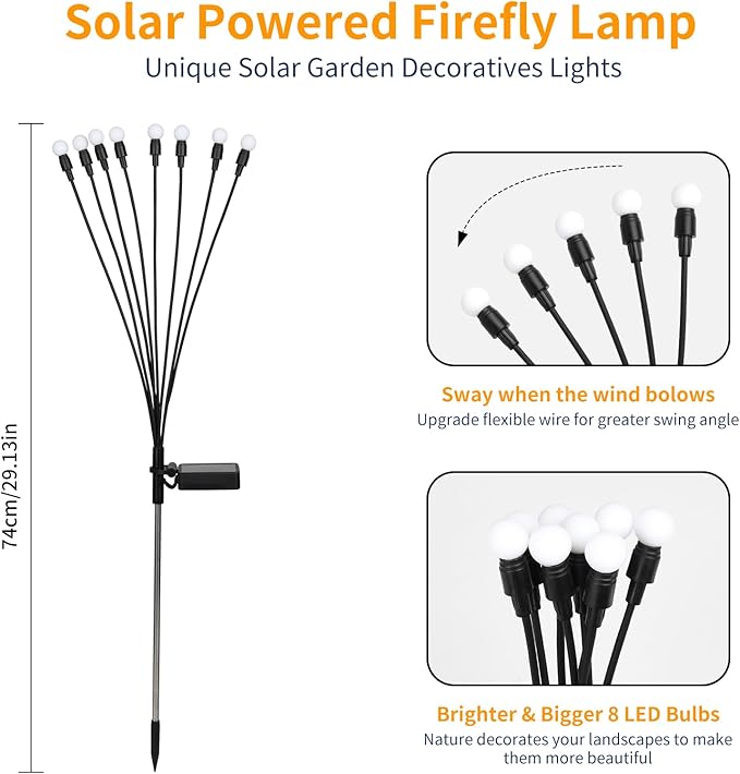 2 Pack IP65 Waterproof Solar Firefly Lights, 16 LED Warm White Swaying Lamps with Realistic Effect, Wind-Activated 8 Hrs Runtime No Wiring for Landscape Yard Patio Halloween Christmas Decor